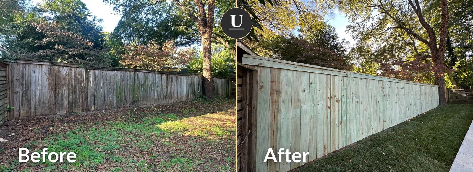 Before and after a new fence was installed in charlotte nc work done by Urban landscape & COnstruction