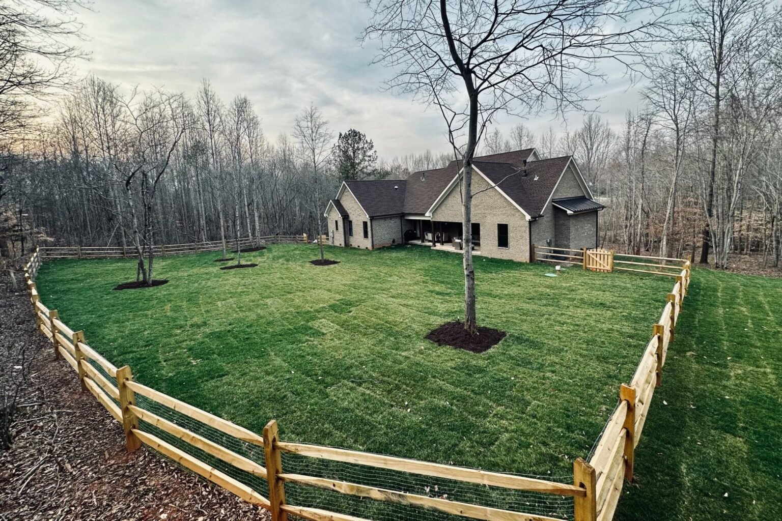 Lush Backyard Transformation – Project 1 Finished green backyard lawn with mulch rings, split-rail fencing, and a brick house in Mint Hill