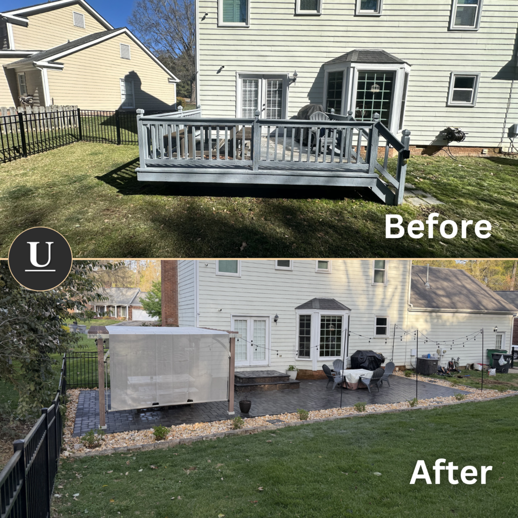 Before-and-after comparison of the raised deck and finished paver patio