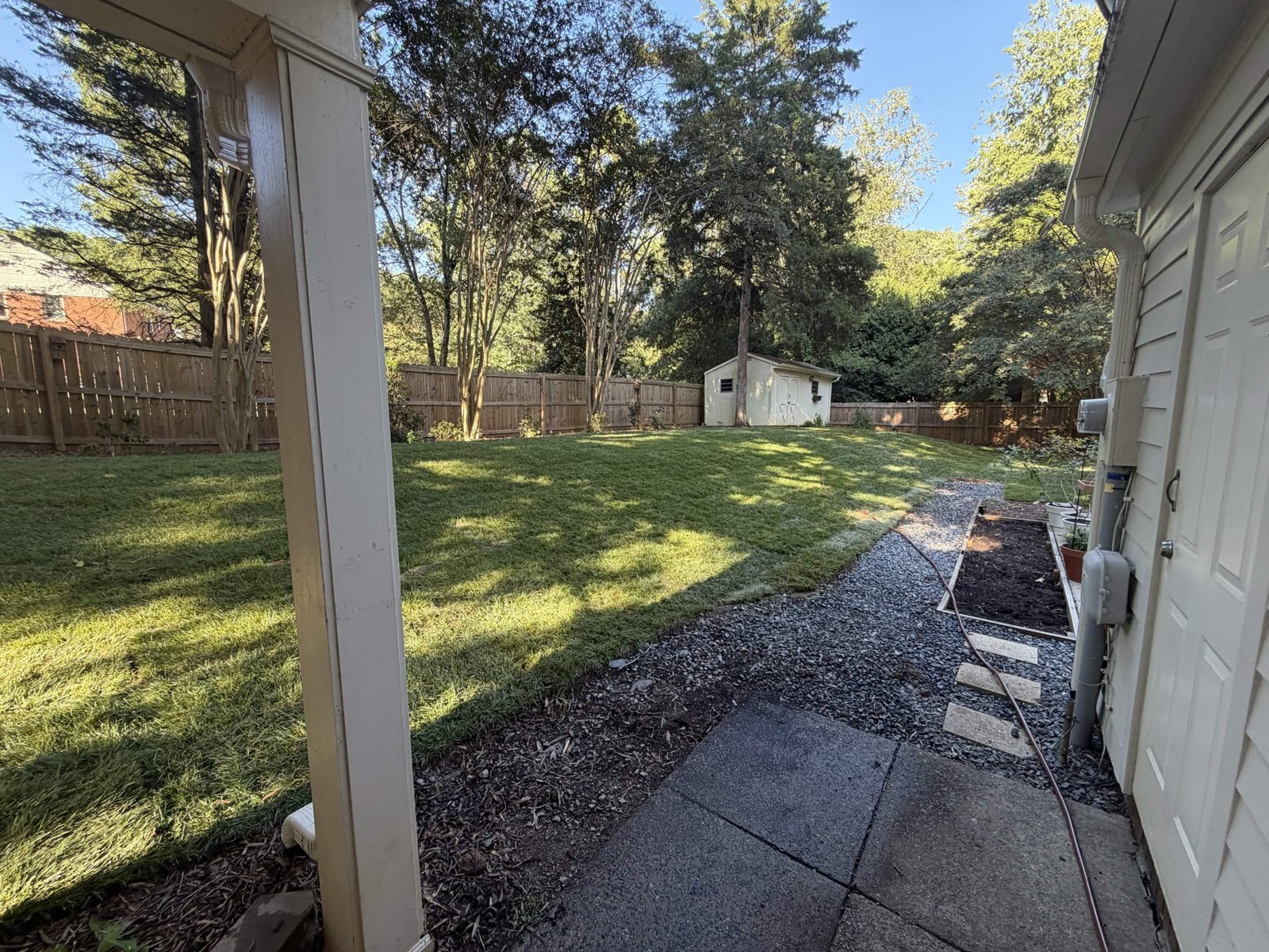 New backyard sod viewed from the existing covered patio