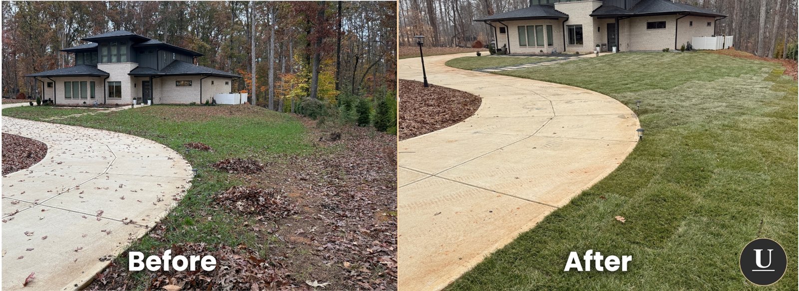 Before-and-after comparison showing new front-yard sod beside the curved driveway