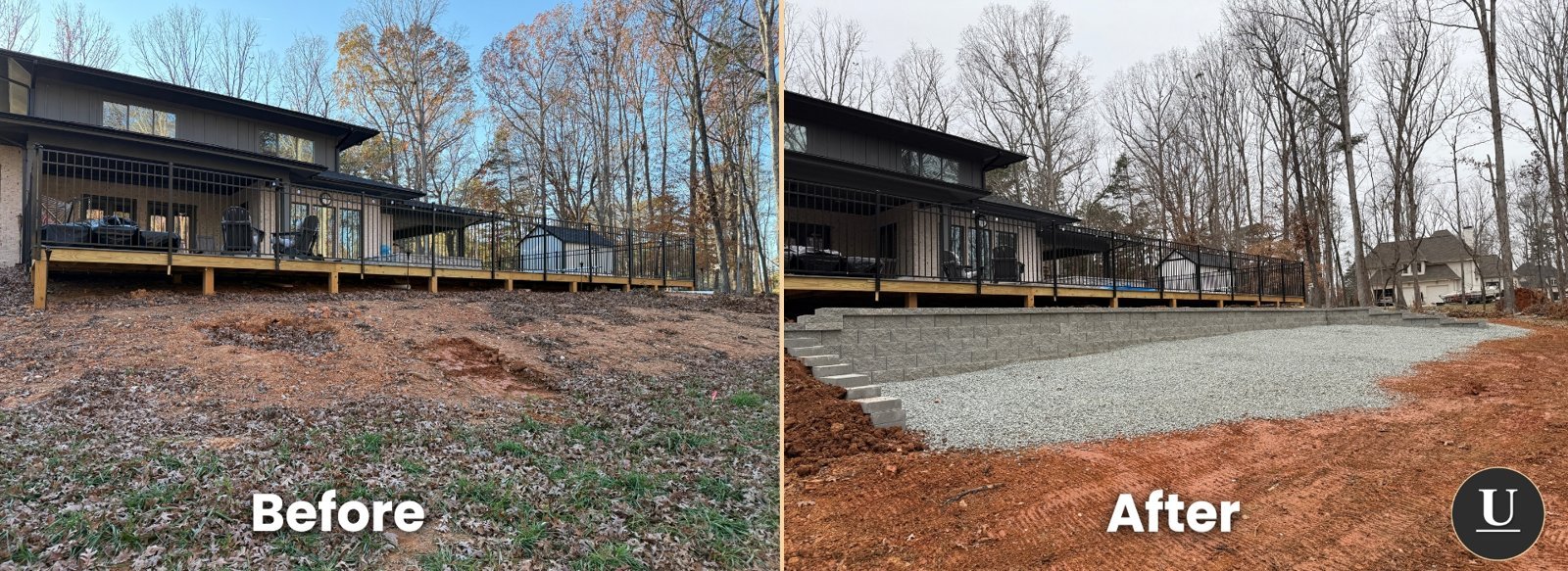 Before-and-after comparison of the retaining wall installation below the existing deck